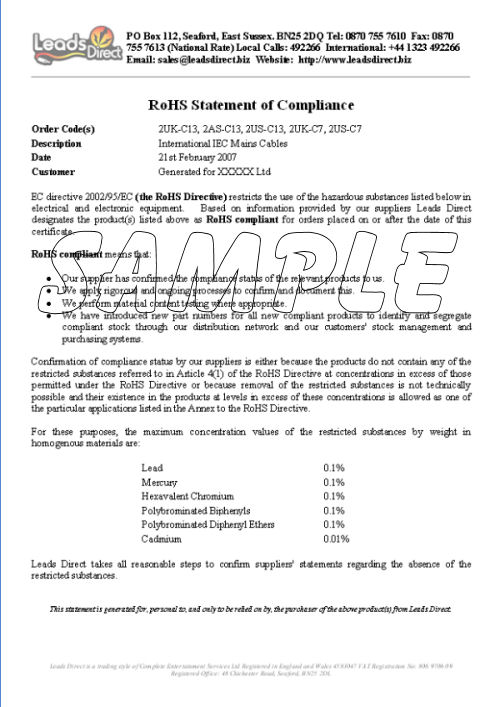 RoHS statement of compliance sample